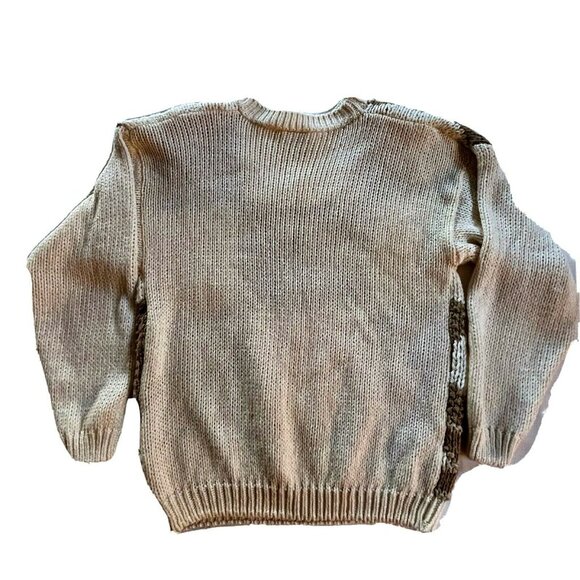 VTG Needles & Yarn Patchwork Knit Ramie Blend Sweater Beige/Brown Shoulder Pads - Picture 2 of 10